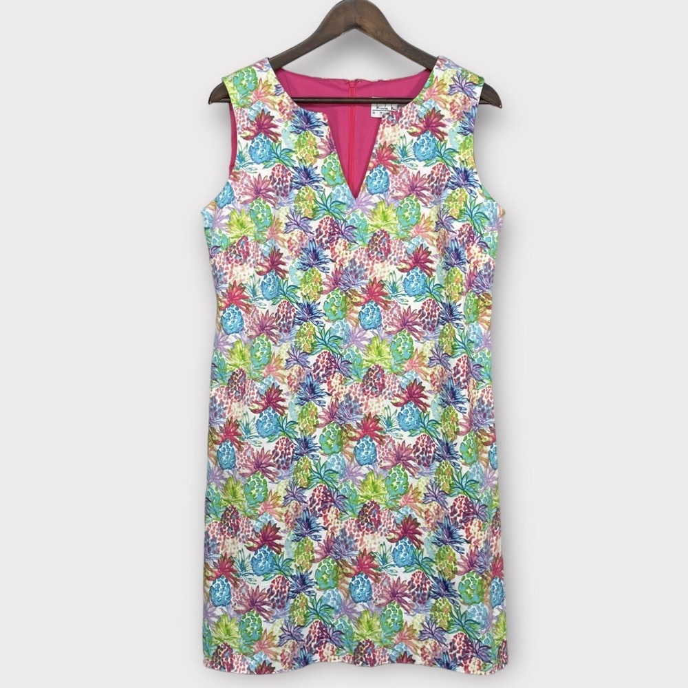 Nicole Miller Studio Women 12 Tropical Pineapple Succulent Shift Dress Pink Blue